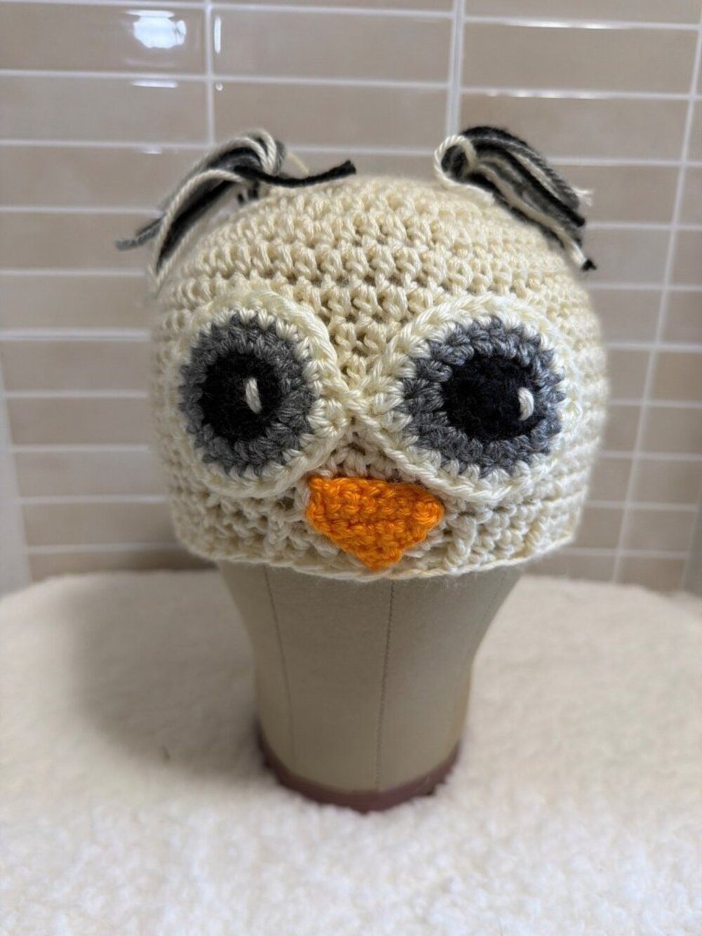 Handmade Crochet Owl Hat Cream with Gray Ear Tufts & Large Detailed Eyes